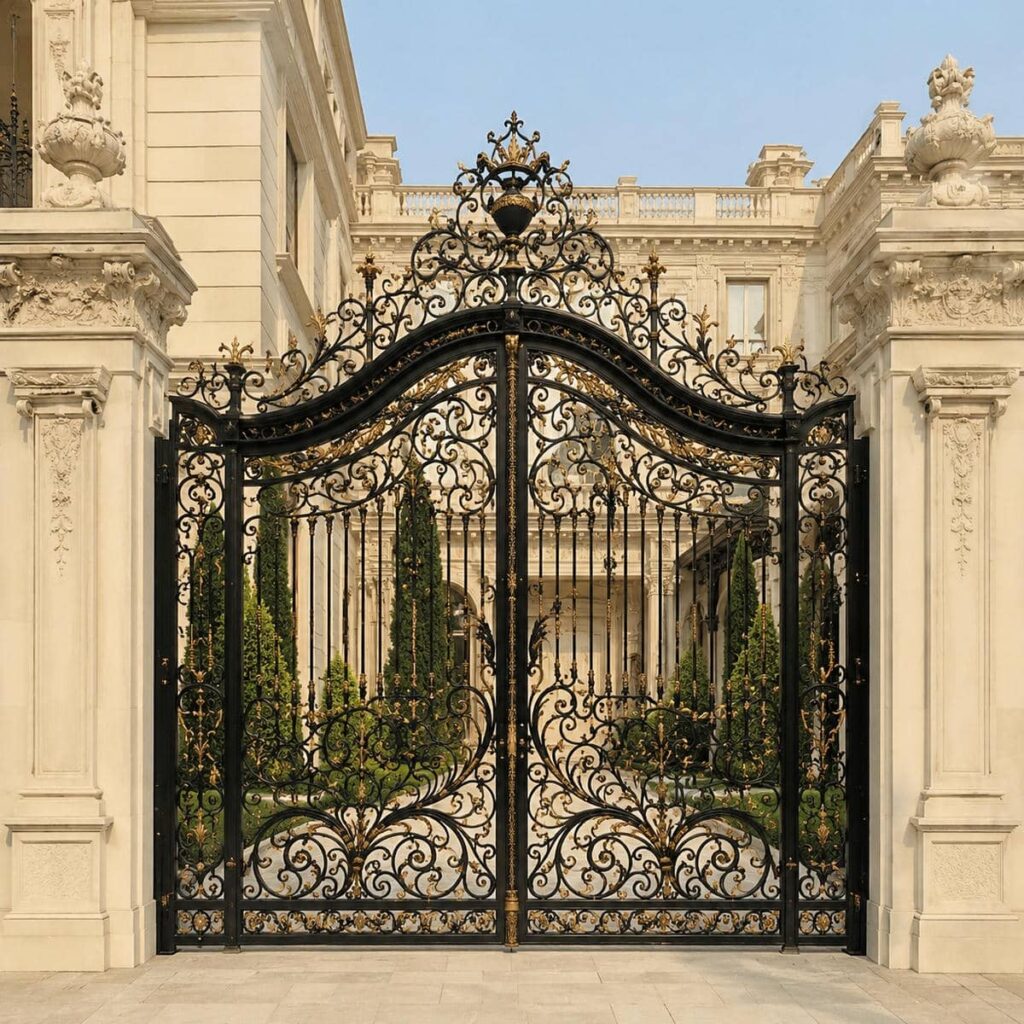 اجرای درب حیاط ویلایی قوسی با قوس کم‌خیز