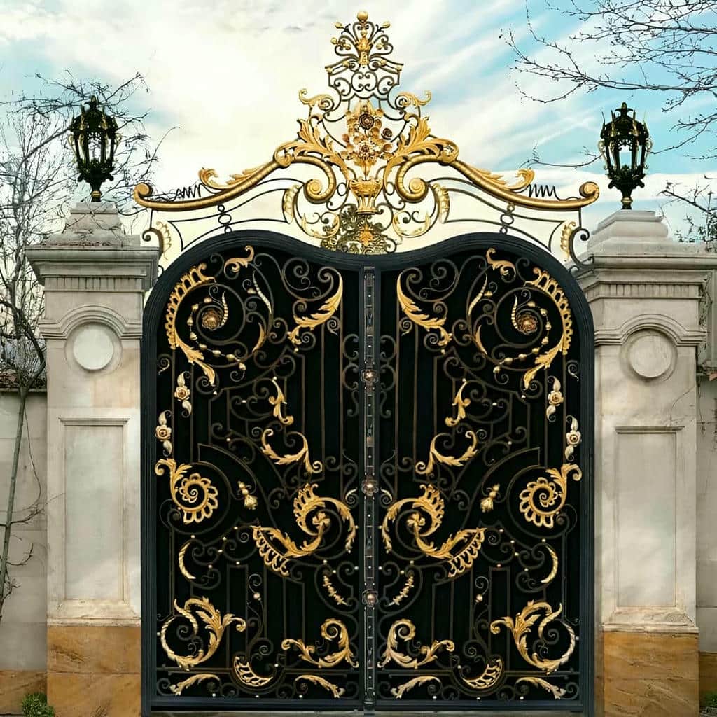 خرید درب ساختمان فرفورژه گل دار متناسب با نما