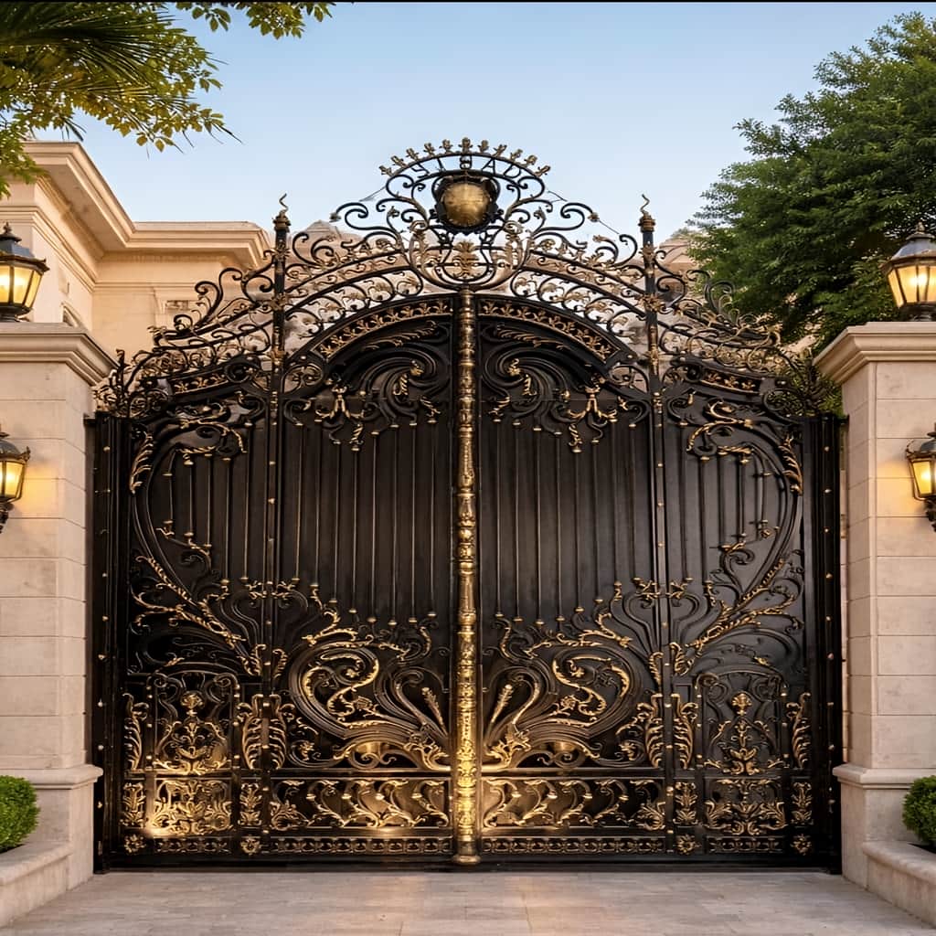 ساخت درب پارکینگ فرفورژه نمای رومی با گل نرده ساخت درب پارکینگ فرفورژه نمای رومی با گل نرده
